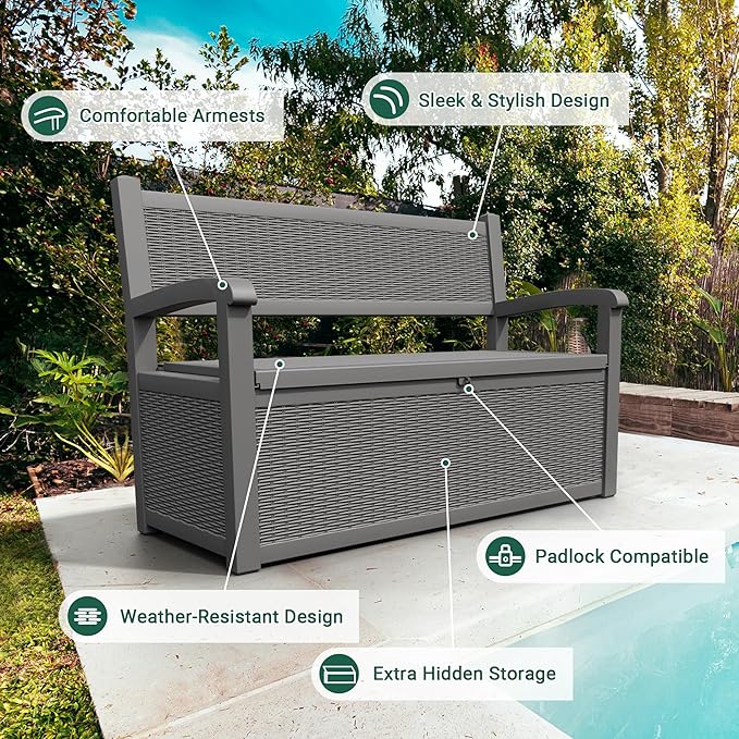 70 Gallon Deck Bench with Storage,Outdoor Storage Box Bench Waterproof&Lockable, Resin Patio Furniture with Armrest for Patio, Porch, Garden,Grey