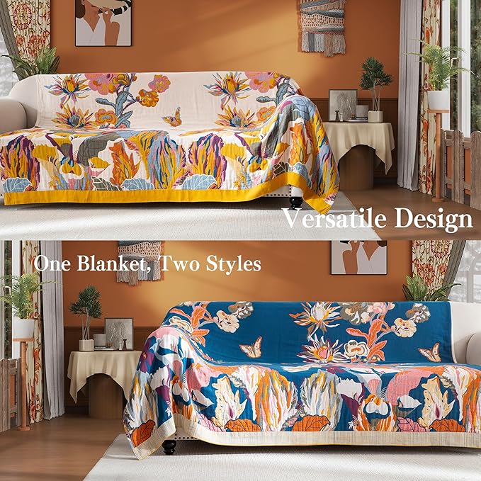Boho Throw Blanket Twin Size, Soft Cozy Cotton Muslin Quilt Blanket for Bed Decor, Floral Patterned Couch Sofa Chair Cover, Vintage Farmhouse Cottage Tapestry Woven Blanket, Yellow&Blue