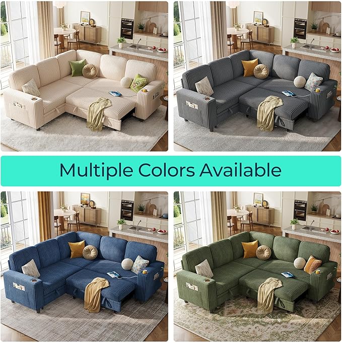 LINSY HOME Sectional Sleeper Sofa with Pull Out Couch Bed - Convertible Plush Corduroy Cloud Couch with Storage Chaise & USB Charging, Comfy L Shaped Modular Couches for Living Room Apartment, Green