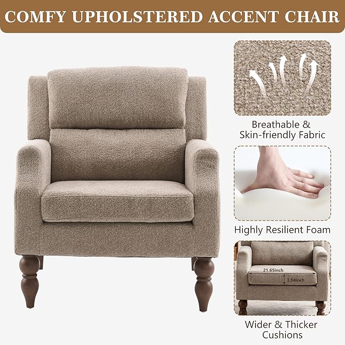Kidol & Shellder Light Brown Oversized Accent Chair for Living Room Set of 2 Modern Reading Chair with Back Upholstered Comfy Single Sofa Chair for Bedroom Lounge Side Corner Boucle Fabric Armchair