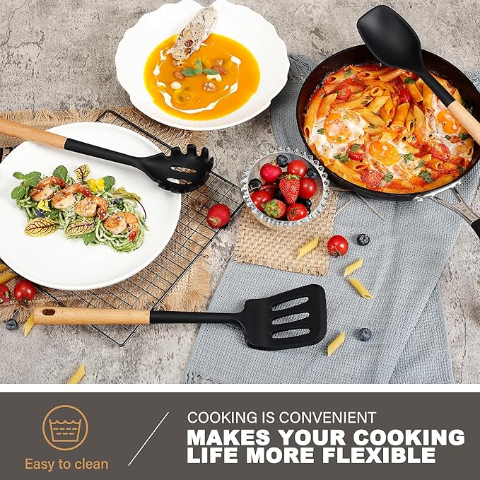 QMVESS Silicone Cooking Utensils Set, Kitchen Utensils Set 7 Pcs with Long Wooden Handle, Food Grade and Heat Resistant Large Silicone Spatula Set for Nonstick Cookware, BPA Free(Black)