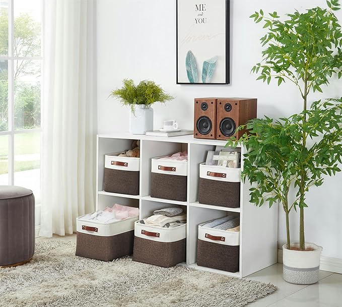 DECOMOMO Storage Baskets for Shelves - Fabric Closet Organizers and Storage Bins, Perfect Baskets for Organizing Closet Toys Nursery (Brown and White, XL - 3 Pack)