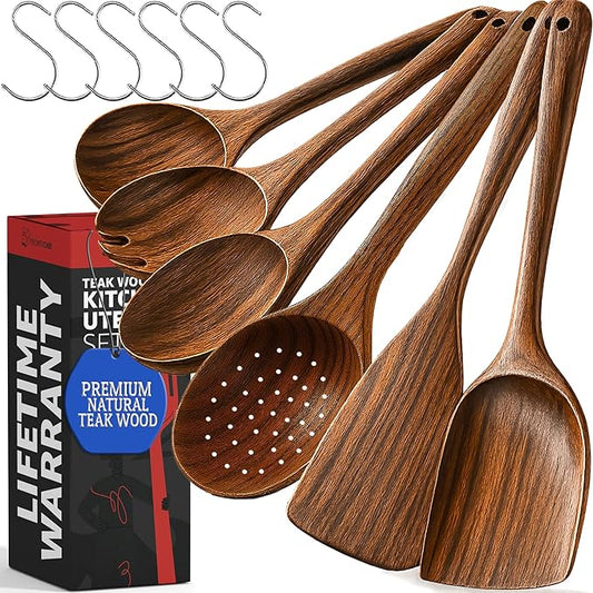 PriorityChef Premium Wooden Spoons for Cooking - 6pc Smooth Finish Teak Wooden Utensil Set with Hanging Hooks, Heat-Resistant & Nonstick Safe, Ideal for Gifting