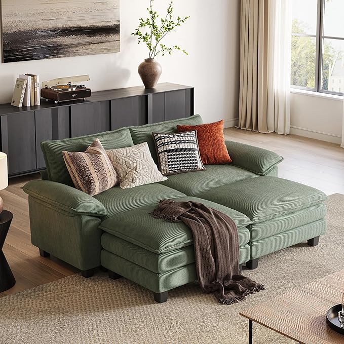 LINSY HOME Modular Sectional Sofa - 90'' Sleeper Sofa Cloud Couch Oversized Corduroy Sofa Bed with Movable Ottoman Soft Modern Comfy Couch for Living Room Apartment Office, Green