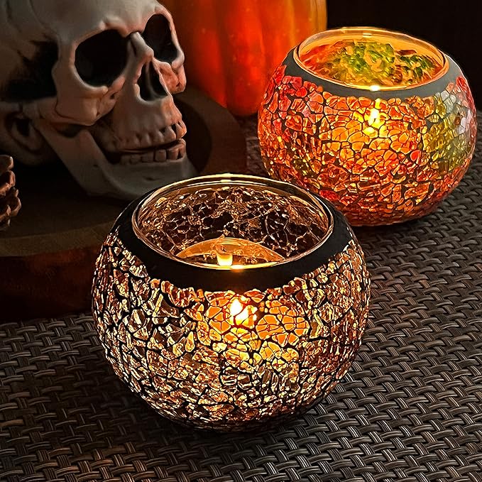 SHMILMH Mosaic Glass Candle Holder Set of 4, Votive Candle Holders Handmade Cracked Tealight Holders for Fall Christmas Diwali Home Decorations, Diwali Gift
