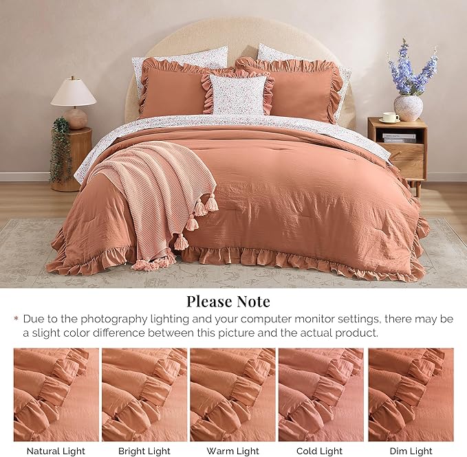 Full Comforter Set - 7 Pieces Ruffle Autumn Leaf Bedding Sets, Shabby Chic Farmhouse Bed in a Bag Full with Ruffle Comforter, Floral Sheets, Pillowcases & Shams