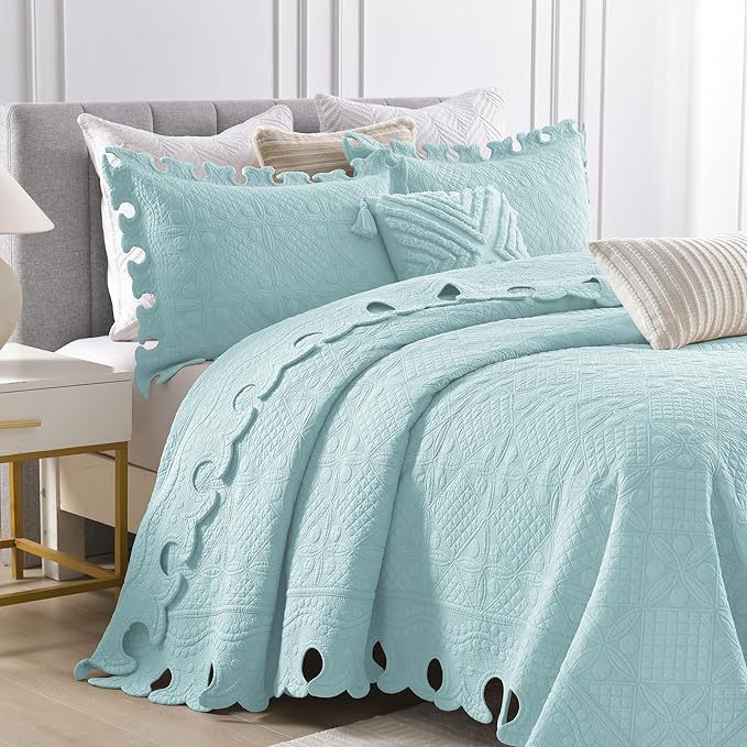 MarCielo 3-Piece 100% Cotton Oversized Bedspread Lightweight Quilt Coverlet Embroidery Farmhouse Bedding Set (TW Mint Green Blue, Oversized Queen (100"x106"))