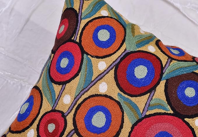 Yellow Floral Poppy Pillow Cover - Red Floral Outdoor Pillowcase - Suzani Accent Pillow - Flower Accent Cushions - Hand Embroidered Wool - Size 18x18