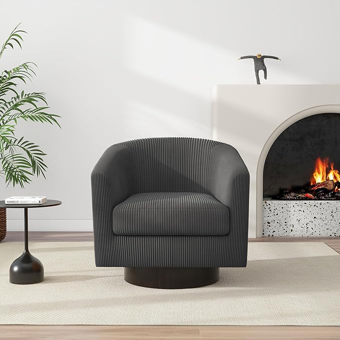 Swivel Barrel Accent Chair, Modern Round Corduroy Fabric Arm Chair for Living Room, Bedroom, Comfy Club Reading Chairs for Adults (Corduroy Grey, Set of 1)