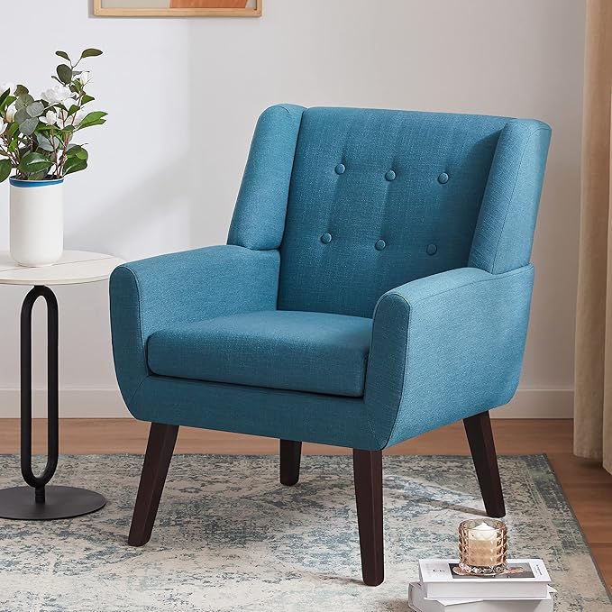 HUIMO Button-Tufted Accent Chairs,Upholstered Reading Living Room Chair,Mid Century Modern Chair with Linen Fabric, Club Chair,Comfy Arm Chairs for Living Room,Bedroom Lake Blue