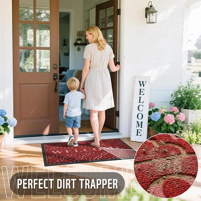 Yimobra Welcome Mat Outdoor Indoor, All-Season Waterproof Front Door Mat Outside Entrance, All-Weather Heavy Duty Non-Slip Doormat, Low Profile Porch Patio Entrance Mats, 47x24, Red