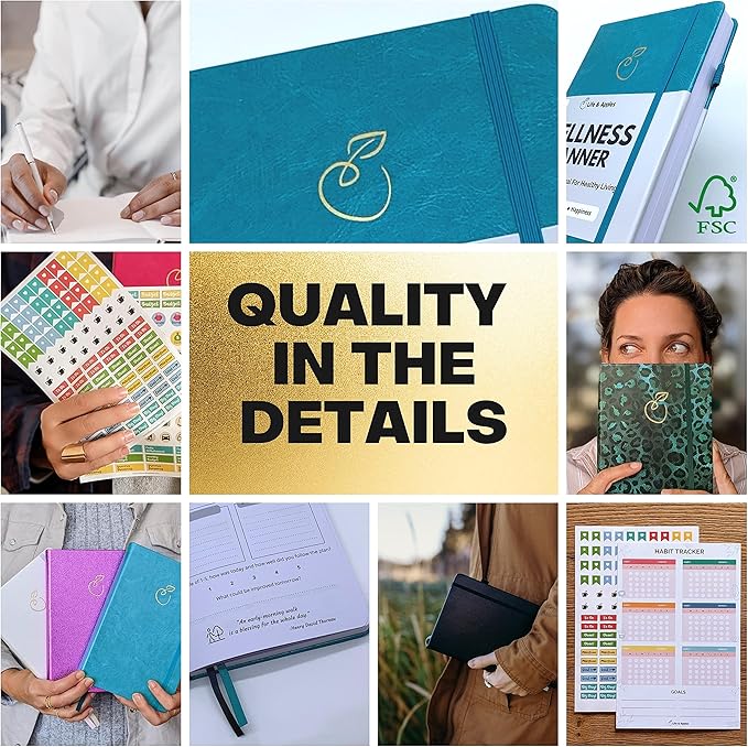 Life & Apples Wellness Journal Planner – Food Log, Fitness Tracker, Habit Tracker, Weight Loss Journal for Diet Tracking and Health Goals, Undated, Size A5 Aquamarine