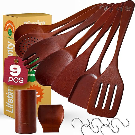 Riveira Set of 9 Premium Brown Bamboo Cooking Utensils - Bamboo Utensils for Cooking - Non-Toxic Utensils - Wooden Kitchen Set for Non-Stick Cookware