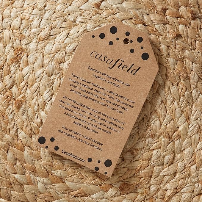 Casafield Hand-Braided Jute Pouf Ottoman Footrest, 19" Round x 10-1/2" High, Natural Woven Boho Floor Cushion, Home Decor for Living Room, Bedroom, Apartment