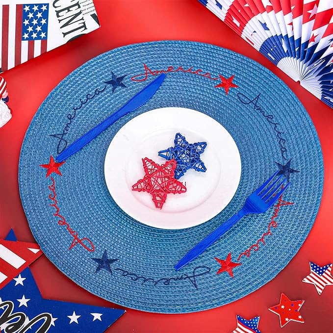 Whaline 4Pcs Round Independence Day Placemats Patriotic Stars Embroidered Place Mats 4th of July Dinner Table Mats for Home Holiday Birthday Party Decor