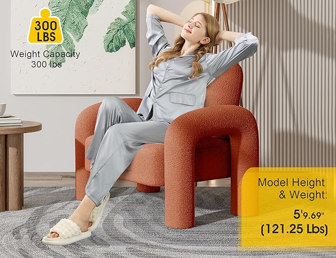 Modern Sherpa Accent Chair, Teddy Upholstered Arm Single Sofa, Cozy Fluffy Reading Chair for Living Room, Bedrooms, Corner (Orange)