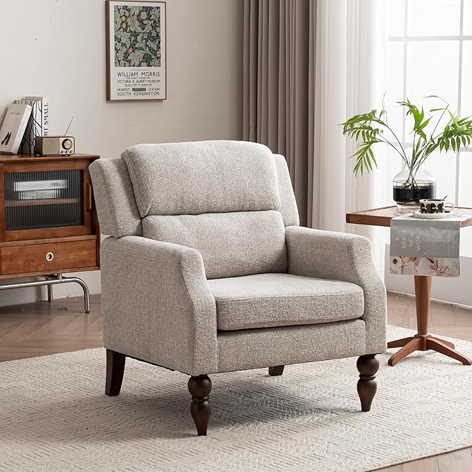 Kidol & Shellder Oatmeal Oversized Accent Chair for Living Room Mid Century Modern Reading Chair with Back Wide Upholstered Comfy Single Sofa Chair Bedroom Lounge Side Corner Boucle Fabric Armchair