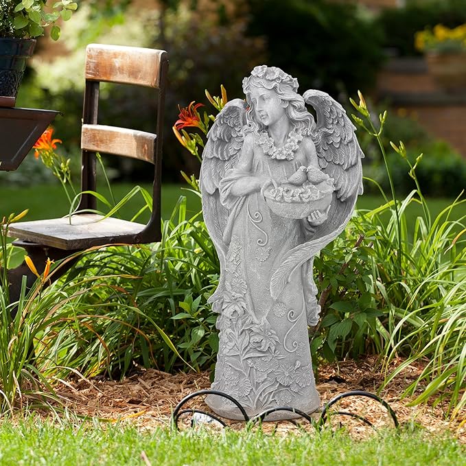 Outdoor Statues Angel Décor Garden Statue- 23.5" H Angel Statue,Resin Angel with Bird Figurine, Ideal for Yard, Patio, Deck, Home Entryway, and Hallway(Grey)