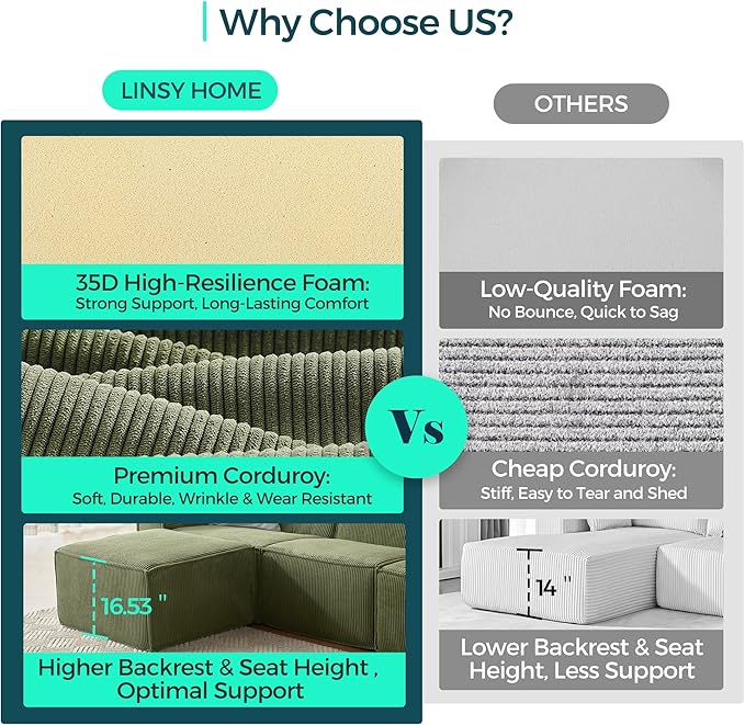 LINSY HOME Modular Sectional Sofa, 105" Boneless Couch L Shaped 3-Seat Sofa with Ottoman, Corduroy Sectional Cloud Couches for Living Room, No Assembly Required, Green