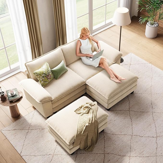 LINSY HOME Sectional Sleeper Sofa - 90'' Modular Cloud Couch Oversized Corduroy Sofa Bed with Movable Ottoman Soft Modern Comfy Couch Set for Living Room Apartment Office, Beige