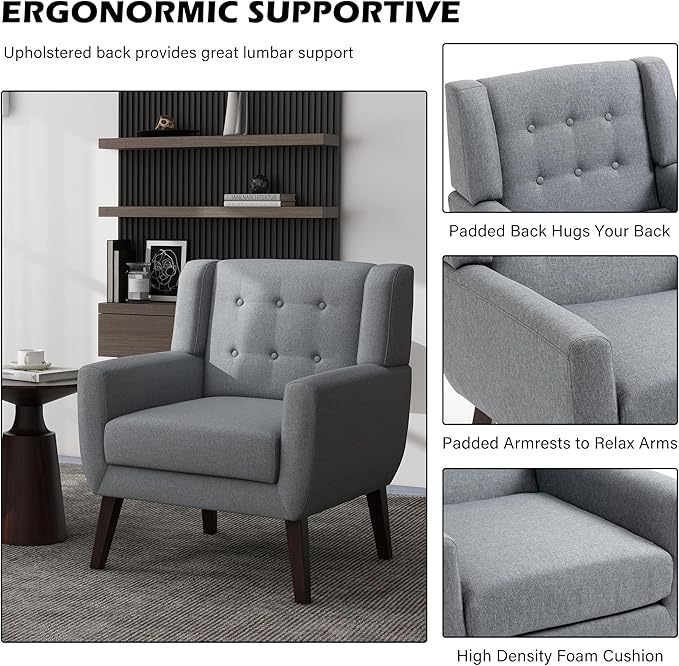 UIXE Accent Chair, Modern Upholstered Armchair in Fabric for Living Room, Comfy Club Arm Chairs Single Sofa Button Tufted Bedroom Reading Seat - Gray, Set of 4