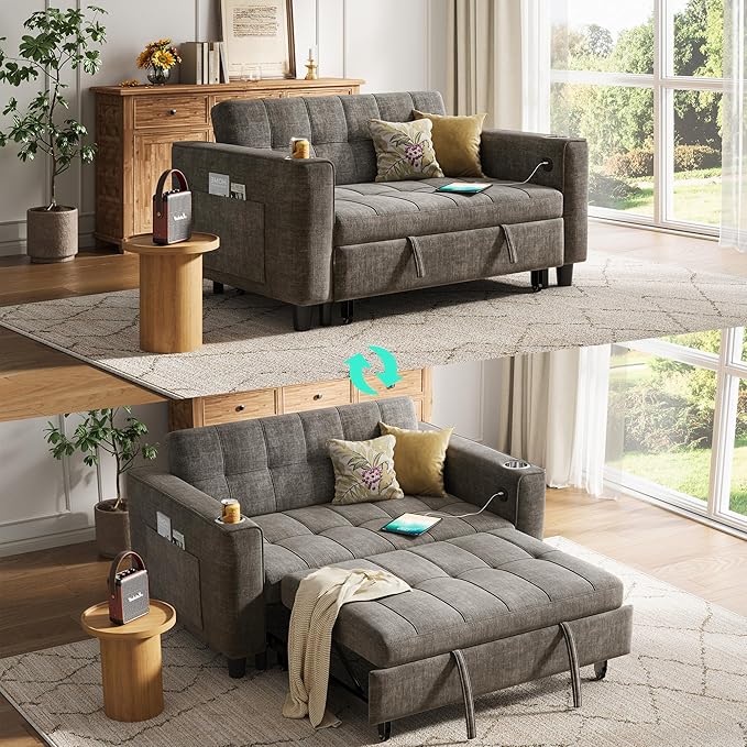 LINSY 3-in-1 Convertible Sofa Bed, 54" Pull Out Sleeper Sofa with Charging Station & Cup Holder, Small Folding Loveseat with Side Pocket for Small Space, Corduroy Couch, Gray