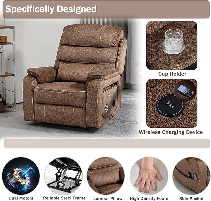 Power Lift Recliner Chair for Adults Elderly Lay Flat Velvet Recliners with Massage Heating, Extended Footrest, Wireless Charging Device, USB Ports, Cup Holder, Lumbar Pillow