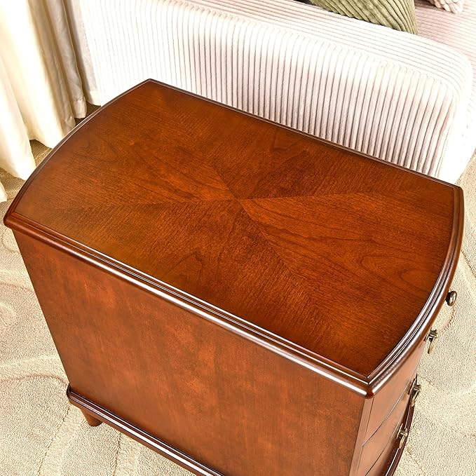 PADMA HOUSE Solid Wood End Table with 3 Drawers, Fully Assembled Nightstand with Sliding Shelf, Pre-Assembled Vintage Wooden Beside Table in Cherry Brown for Small Space,13.4 * 22.4 * 22.6in