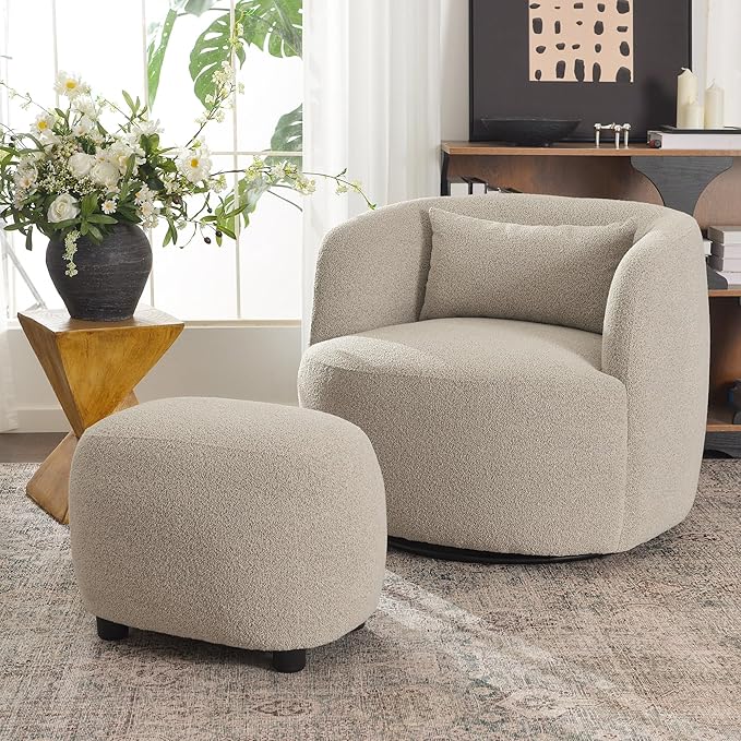 KINWELL 34" Wide 2 Boucle Swivel Barrel Chairs and 2 Ottomans Set, Fully Assembled Sherpa Accent Chairs and Footrest Set, Modern Comfy Armchairs and Footstool for Living Room and Bedroom, Taupe