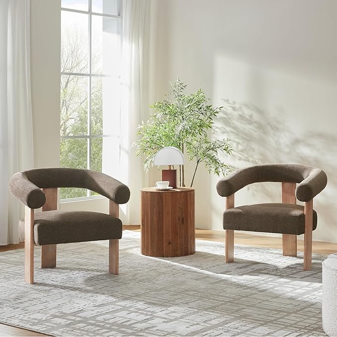 VKNOW Accent Chair Living Room Chair Set of 2, Modern Upholstered Armchair with Solid Wood Legs, Comfy Barrel Arm Chairs for Living Room Bedroom, Brown