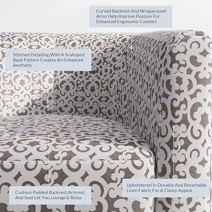 BELLEZE Accent Barrel Chair Set of 2, Linen Round Chair Club Tub Sofa Corner Chair with Flared Legs and Cozy Soft Padding for Living Room Bedroom Waiting Room - White & Brown