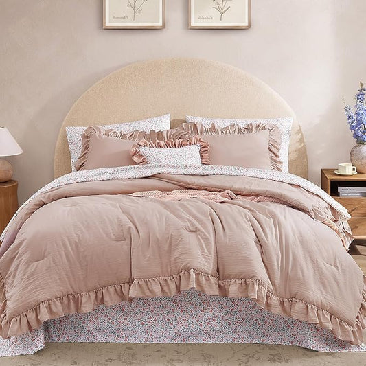 King Comforter Set - 7 Pieces Ruffle Pink Bedding Sets, Shabby Chic Farmhouse Bed in a Bag King with Ruffle Comforter, Floral Sheets, Pillowcases & Shams
