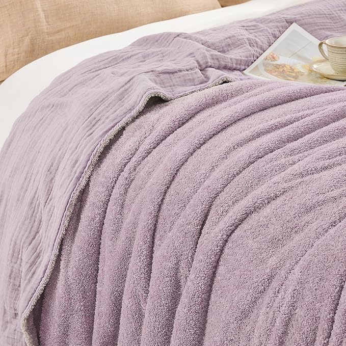 EMME Muslin and Fleece Throw Blanket Reversible - 50"*60" Lavender Soft Warm Throw Blankets for Couch Bed Picnic Travel Bed