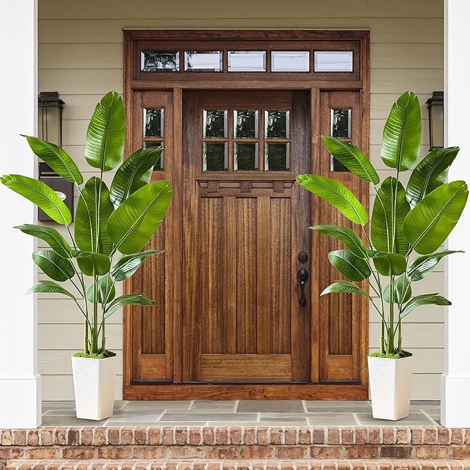 Lifelike Bird of Paradise Silk Artificial Plant Faux Banana Leaf Tree for Home Decor - Perfect Indoor Floor Plant with 11 Trunks (1, White Tall Planter, 6.6 FT)