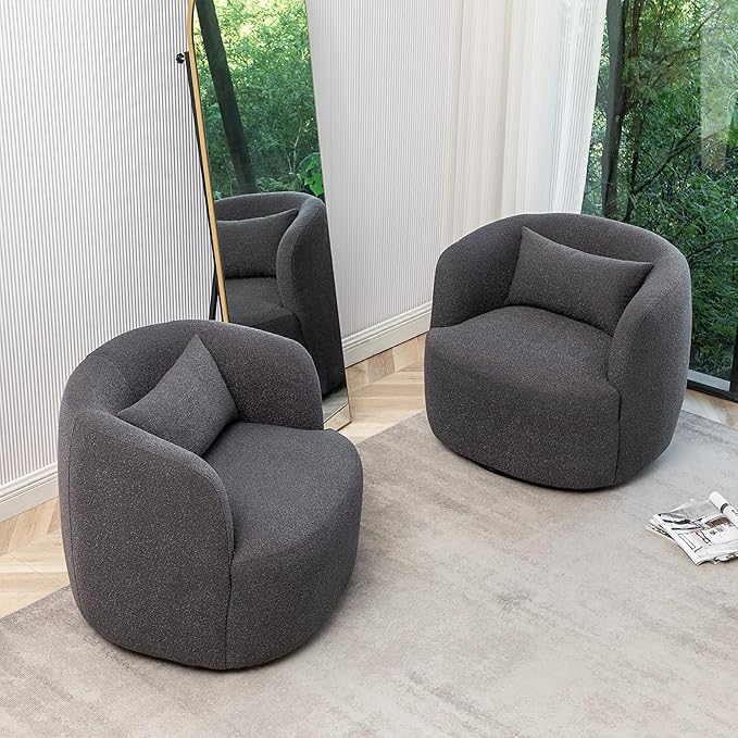 KINWELL 34" Wide Boucle Swivel Barrel Chairs Set of 2, No Assembly Round Upholstered Armchairs Accent Chairs Single Sofa Chair with Toss Pillow for Living Room and Bedroom, Dark Grey