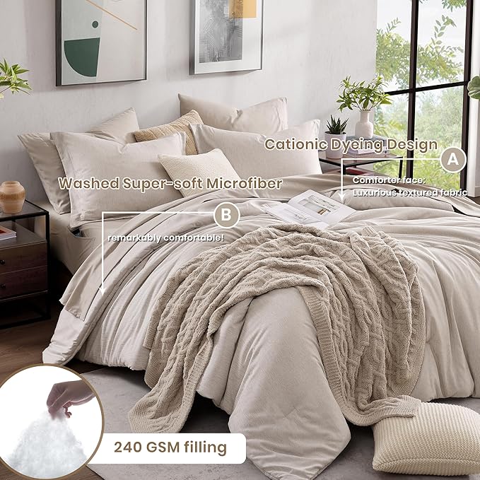Monbix Full Size Comforter Set, Oatmeal Bedding Comforter for Full Size Bed Set Reversible, Bedding Sets Full 7 Pieces, Cationic Dyeing Bed in a Bag with Comforter, Sheets, Pillowcases & Shams