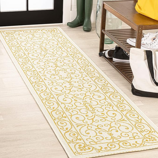 JONATHAN Y Vintage Filigree Indoor Outdoor Runner Rug 2X10 Cream/Yellow, Charleston Textured Weave for Backyard, Patio, Porch, Easy-Cleaning, High Traffic, Pet-Friendly, Non-Shedding (SMB106M-210)