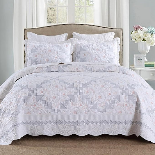 MarCielo 3-Piece 100% Cotton Oversized Bedspread Lightweight Quilt Coverlet Embroidery Farmhouse Bedding Set (TC Colorful White, Oversized King (118"x106"))