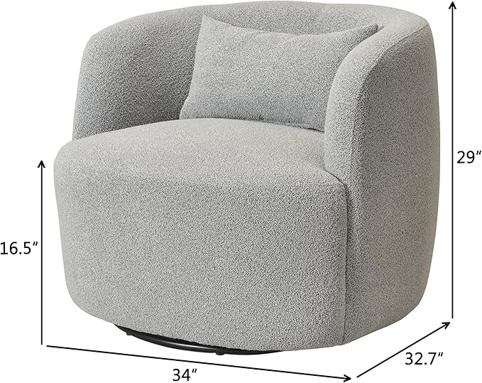KINWELL 34" Wide Sherpa Swivel Barrel Chairs Set of 2, No Assembly Round Boucle Upholstered Accent Chairs Armchairs Single Sofa Chair with Toss Pillow for Living Room and Bedroom, Gray