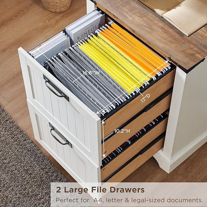 RedLemon Bookcase with 2 File Drawers, 72" Tall Farmhouse Bookshelf with Storage and Adjustable Shelves, 4 Tier Rustic Wood Bookshelf with Cabinet for Home Office, Living Room (Antique White)