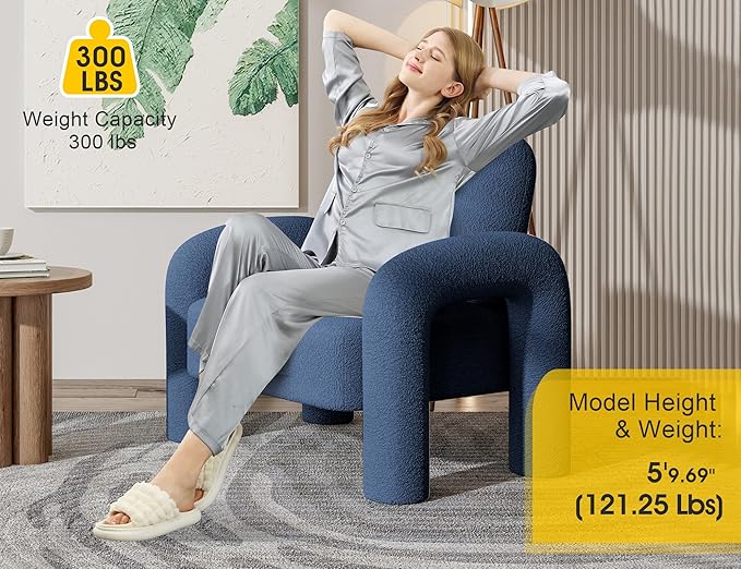 Modern Sherpa Accent Chair, Teddy Upholstered Arm Single Sofa, Cozy Fluffy Reading Chair for Living Room, Bedrooms, Corner (Navy Blue)