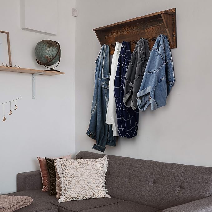 WEBI Coat Rack Wall Mount with Shelf,8 Peg Hooks,34" Long Rustic Entryway Wall Shelf with Hooks Underneath for Hanging Coats,Clothes,Bathroom,Rustic Brown