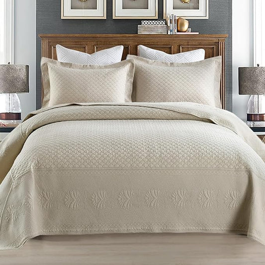 MarCielo 3-Piece 100% Cotton Oversized Bedspread Lightweight Quilt Coverlet Embroidery Farmhouse Bedding Set (TM Khaki Beige, Oversized Queen (100"x106"))