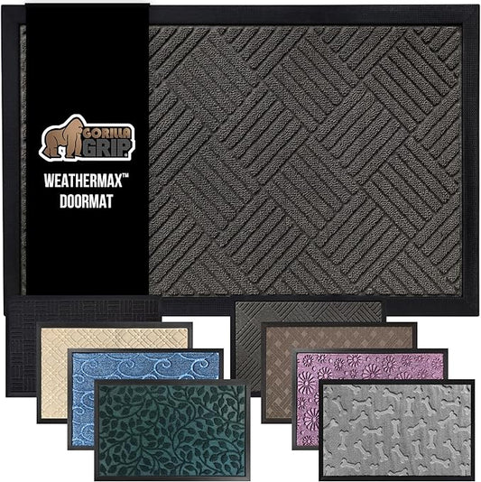 GORILLA GRIP 100% Waterproof All-Season WeatherMax Doormat 35x23, US Designed Natural Rubber, Stain and Fade Resistant, Low Profile Indoor Outdoor Door Mats, Easy Clean Patio Mat, Gray Diamond