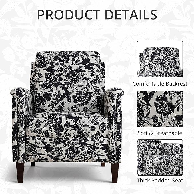 Floral Accent Chair, High Back Upholstered Armchair with Solid Wooden Legs, Padded Armrest and Removable Comfortable Cushioned Seat Single Sofa for Living Room, Bedroom, Black