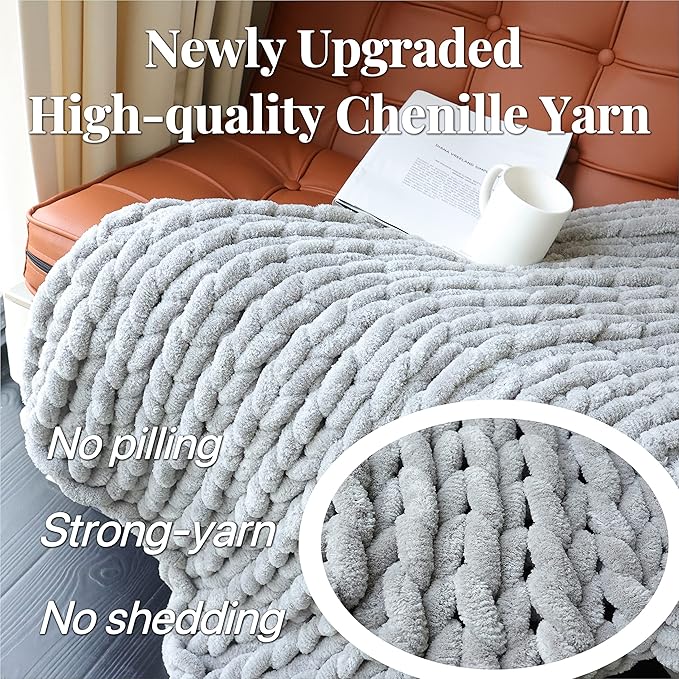 Maetoow Chenille Chunky Knit Blanket Throw (50×60 Inch), Handmade Warm & Cozy Blanket Couch, Bed, Home Decor, Soft Breathable Fleece Banket, Christmas Thick and Giant Yarn Throws,Grey