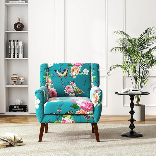 UIXE Floral Accent Chair, Modern Upholstered Armchair in Fabric for Living Room, Comfy Club Arm Chairs Single Sofa Button Tufted Bedroom Reading Seat - Pattern Blue, Set of 1