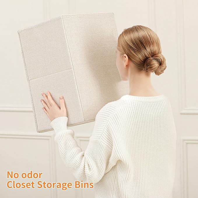 Linen Folding Storage Bins, 3 Pack Large Storage Baskets, Washable, Clothing Storage Bins with Handle, Closet Organizer for Storage Sweater,Sheets(Beige, 18½"x11" x8½")