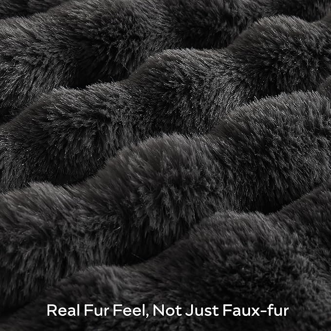 JELLYMONI Faux Fur Throw Blanket, Dark Grey Cozy Plush Bubble Bed Blanket, Thick and Warm, Queen (90" x 90")