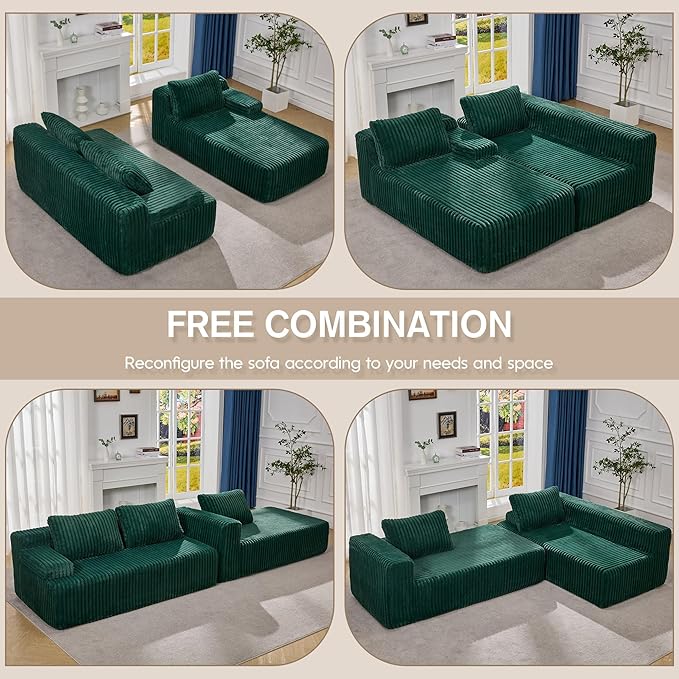 Hobestluk Modular Sectional Sofa Couches 108" L-Shape Couch 3 Seat Modular Sofa Memory Foam Sectional Couches for Living Room, Boneless Couch with Oversized Chaise (Green, Right Facing)